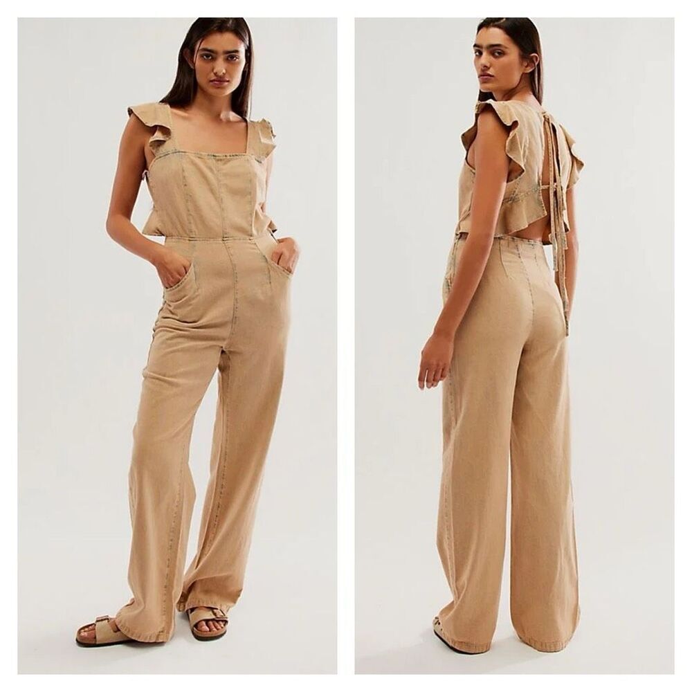Free People NWT LOVE BITE JUMPSUIT Ruffle straight leg Sz XL